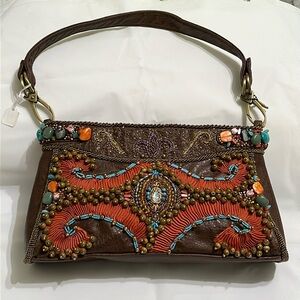 Mary Frances leather beaded brown shoulder handbag